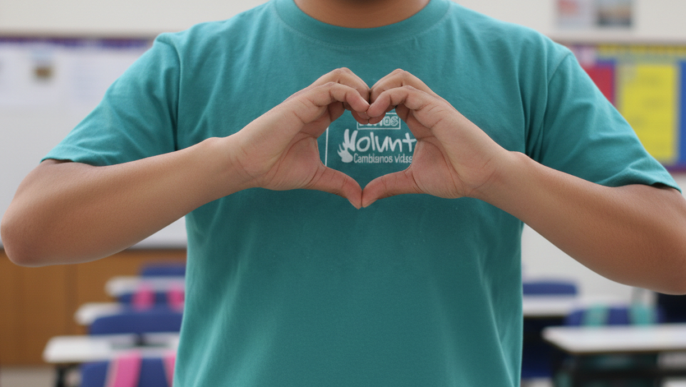 Voluntario con playera de Biblionautas haciendo un corazón con las manos