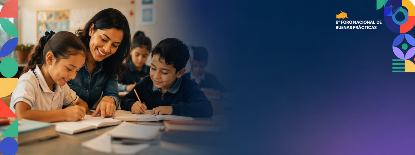 Docente acompaña a niñas y niños en una actividad de escritura en el aula, con un marco geométrico de colores inspirado en el 6º Foro Nacional de Buenas Prácticas.